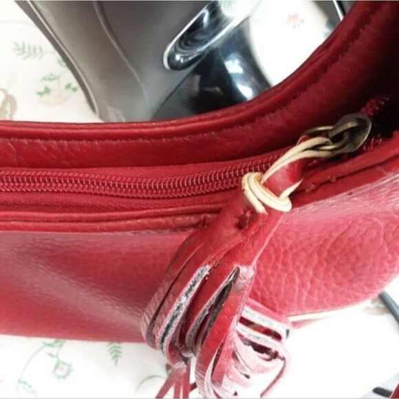 Tommy Hilfiger Handbag Studded Embroidered Leather Strap Tasseled Red - Picture 6 of 14